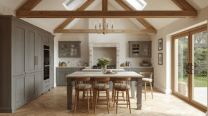 A bright country-style kitchen with exposed timber beams, a central island with wooden stools, grey cabinetry, skylights, and large glass doors opening to a garden.