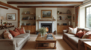 A traditional living room with two sofas facing a central wooden coffee table, a fireplace with a lit fire, exposed wooden ceiling beams, built-in shelves, and soft neutral furnishings.