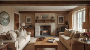 A traditional living room with two sofas facing a central wooden coffee table, a stone fireplace with a lit hearth, exposed ceiling beams, framed artwork, and warm neutral furnishings.
