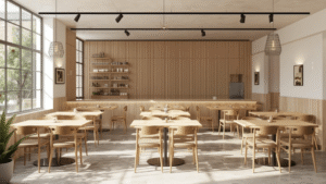 A minimalist café interior with light wood tables and chairs, a timber feature wall behind the counter, pendant and track lighting, large windows, and a calm neutral colour palette.