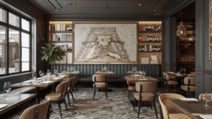 An elegant restaurant interior with upholstered banquette seating, wooden tables and chairs, built-in shelving, warm ambient lighting, and a large decorative mural as a focal point.