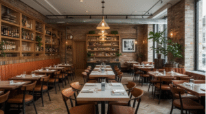 A warm, industrial-style restaurant with exposed brick walls, wooden tables and chairs, open shelving filled with bottles, pendant lighting, and greenery throughout the space.