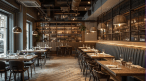 A contemporary restaurant interior with long banquette seating, wooden tables and chairs, open shelving behind the bar, warm pendant lighting, and an industrial-style ceiling.