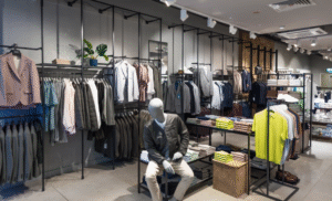 A contemporary clothing retail store with neatly arranged garments on wall-mounted racks, display tables with folded clothing, a seated mannequin, accent lighting, and a clean, organised layout.