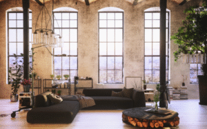 A spacious industrial loft living room with floor-to-ceiling arched windows, a low sectional sofa, sculptural lighting, indoor plants, exposed columns, and an airy open layout.