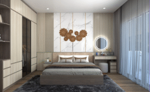 A contemporary bedroom with a low-profile bed, upholstered headboard, decorative wall art above the bed, built-in wardrobes, a vanity with circular mirror, soft curtains, and neutral-toned finishes.