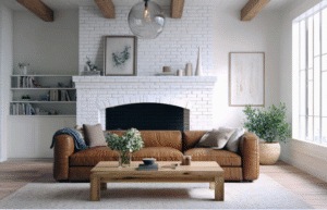 A cosy living room with a leather sofa, wooden coffee table, white brick fireplace, exposed timber ceiling beams, open shelving, indoor plants, and soft natural light.