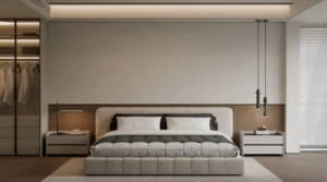 A minimalist bedroom with a low upholstered bed, layered neutral bedding, sleek bedside tables, integrated pendant lights, concealed wardrobe storage, and soft ambient lighting.