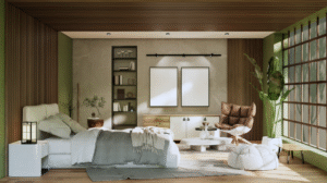 A serene contemporary bedroom with a low bed, soft layered bedding, built-in shelving, a leather lounge chair, floor cushions, indoor plants, and large windows with wooden screens.