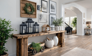 A rustic hallway console with a wooden table, decorative lanterns, framed artwork, potted plants, and warm wood flooring leading into a bright, open living space.