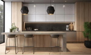 A modern kitchen with a sleek island counter, bar stools, matte cabinetry, black pendant lights, integrated appliances, and warm wood flooring.