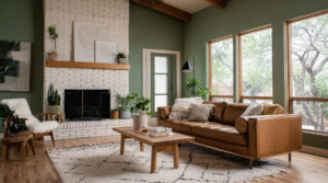 A warm living room with green accent walls, a leather sofa, wooden coffee table, white brick fireplace, exposed ceiling beams, large windows, and indoor plants.