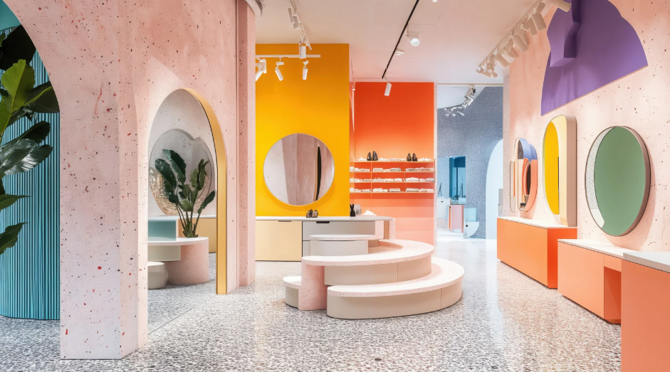 Vibrant retail interior with pastel pink arches, terrazzo floor, colourful accent walls (yellow, orange, purple), circular mirrors and stepped pink display platform.