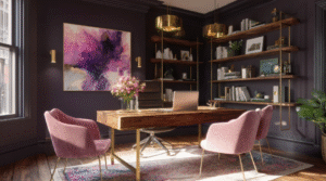 A stylish home office with a wooden desk, pink upholstered chairs, built-in shelving, decorative lighting, dark accent walls, artwork, and natural light from a window.
