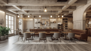 A warm, rustic restaurant interior with long banquette seating, wooden tables and chairs, exposed ceiling beams, soft pendant lighting, and neutral textured finishes.