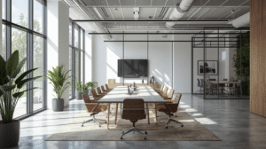 Modern minimalist conference room with a long white table, brown leather rolling chairs, large floor‑to‑ceiling windows, potted green plants, and an exposed industrial ceiling with a mounted TV at the far end.