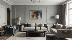 A contemporary living room with light grey moulded wall panels, two white sofas arranged opposite a dark blue armchair, a black coffee table with decorative vases and books, two floor lamps, and a large framed artwork of three women above the sofas.