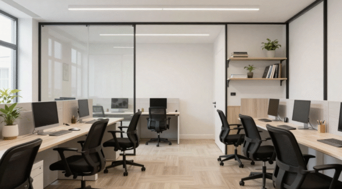 Modern office space with four workstations on light wood desks, black ergonomic chairs, computer monitors, glass partition walls and shelving with plants.