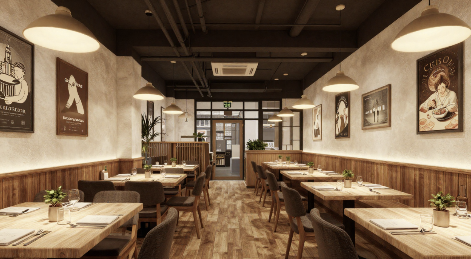Modern restaurant interior with wooden tables, grey chairs, pendant lighting, wood‑panelled walls, and illustrated posters in a warm, industrial‑styled dining space.