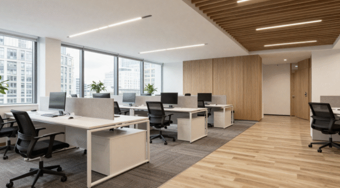 Modern open‑plan office with white desks, black chairs, computer monitors, wooden slat ceiling, large windows and green plants.