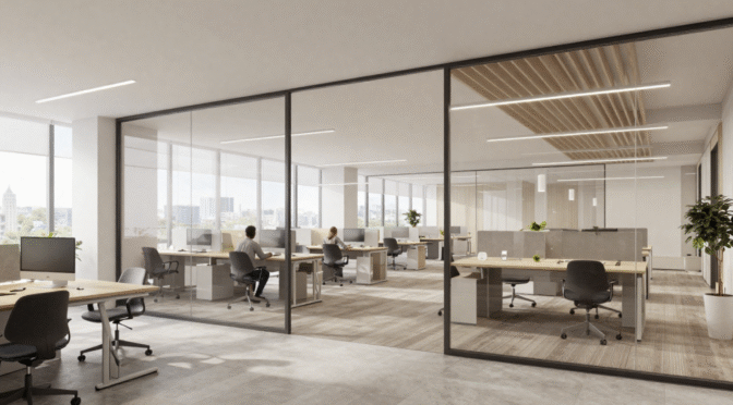 Modern open‑plan office with glass partition walls, wooden desks, black ergonomic chairs, large windows and natural light.