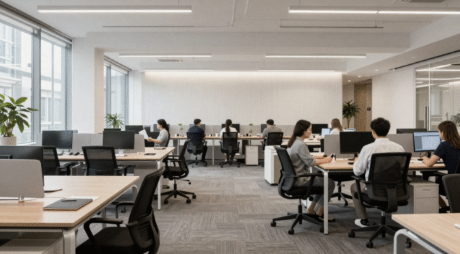 Modern open‑plan office with rows of light‑wood desks, black ergonomic chairs and computer monitors, large windows on the left, green potted plants, and employees working at their stations.
