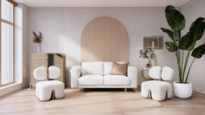 A minimalist living room with a white upholstered sofa, sculptural accent stools, soft neutral tones, a rounded wooden wall feature, light wood flooring, and large indoor plants.