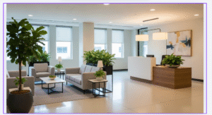 A bright, modern office reception area with lounge seating, side tables, indoor plants, a reception desk, soft neutral finishes, and large windows providing natural light.