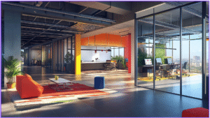 A vibrant contemporary office interior with open workspaces, glass-enclosed meeting rooms, bold accent colours, modern lounge seating, indoor plants, exposed ceilings, and large windows overlooking the city.