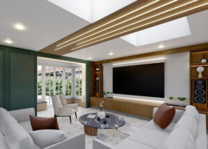 Modern TV lounge interior design in Knightsbridge with skylight ceiling, feature lighting and media wall concept