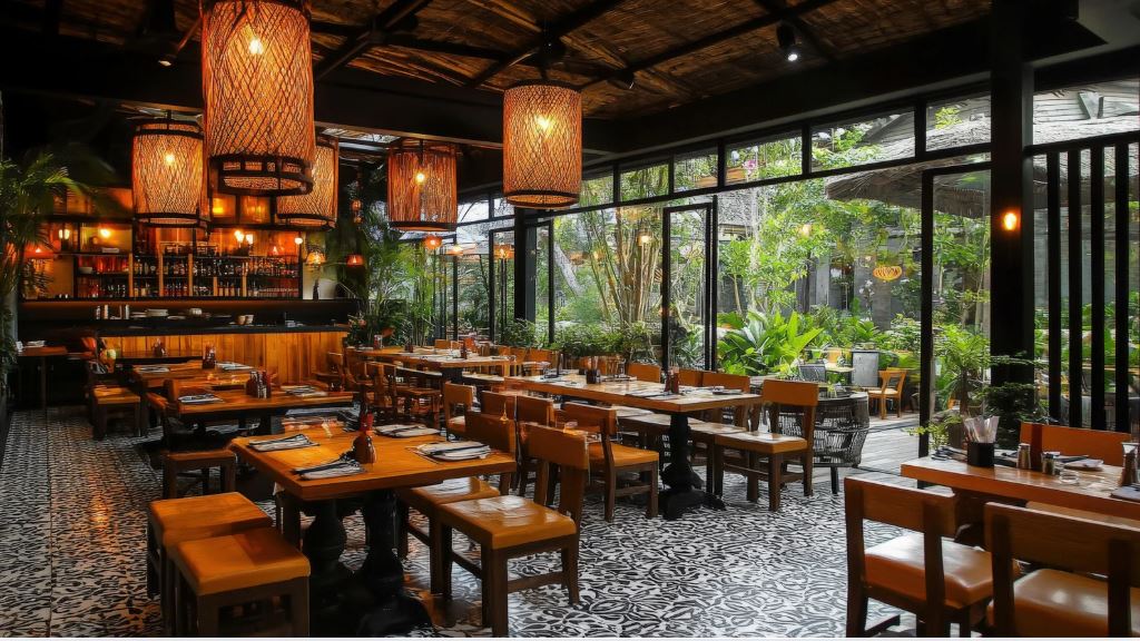 “Open-air restaurant with wooden dining tables, woven pendant lights, patterned tile flooring, lush greenery, and a relaxed tropical ambience.”