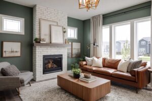 A warm, contemporary living room with green accent walls, a white brick fireplace, a leather sofa, a wooden coffee table, soft textiles, indoor plants, and large windows letting in natural light.