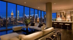A luxury high-rise living space with floor-to-ceiling windows overlooking a city skyline at night, featuring modern sofas, a sleek coffee table, indoor plants, and an open kitchen with bar seating.