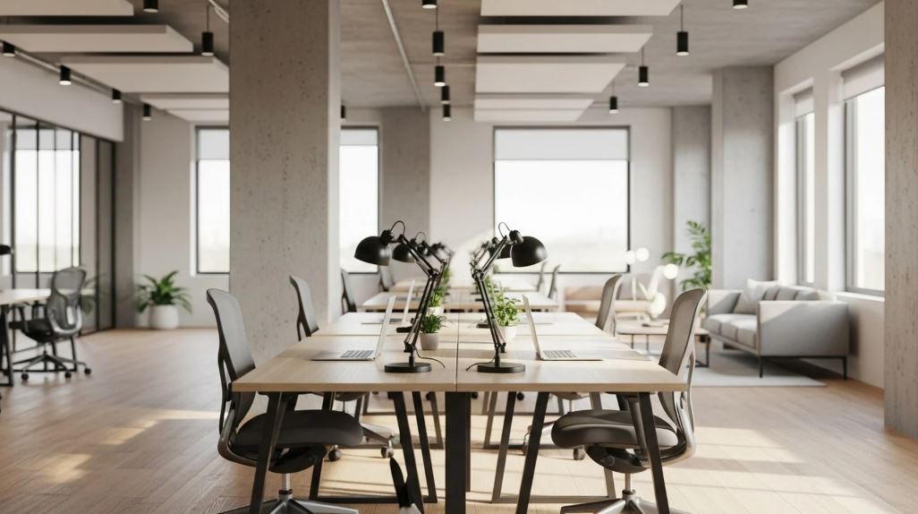 “Bright open-plan office with long communal worktables, ergonomic chairs, indoor plants, large windows, exposed concrete columns, and a minimalist interior.”