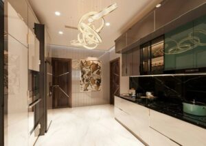 “Luxury modern kitchen with glossy cabinetry, black marble backsplash, integrated appliances, sculptural pendant lighting, and a sleek minimalist layout.”