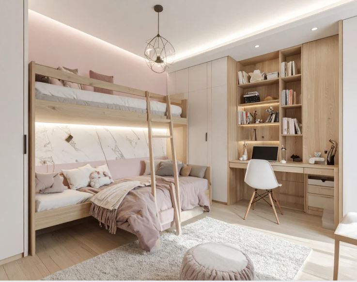 “Children’s bedroom with a wooden bunk bed, blush pink bedding, built-in wardrobes, study desk with shelving, soft rug, and warm ambient lighting.”