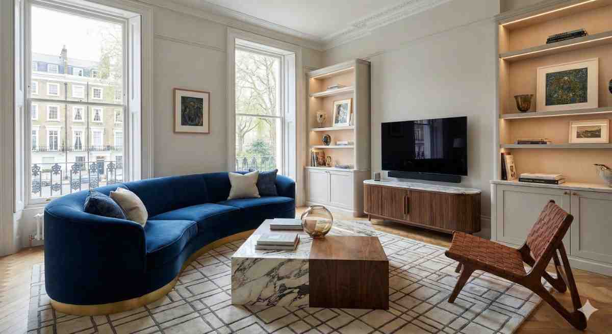 A luxurious London living room featuring a bespoke blue velvet curved sofa with a brass base, a custom marble and wood block coffee table, a handcrafted fluted media console, and built-in illuminated cabinetry.
