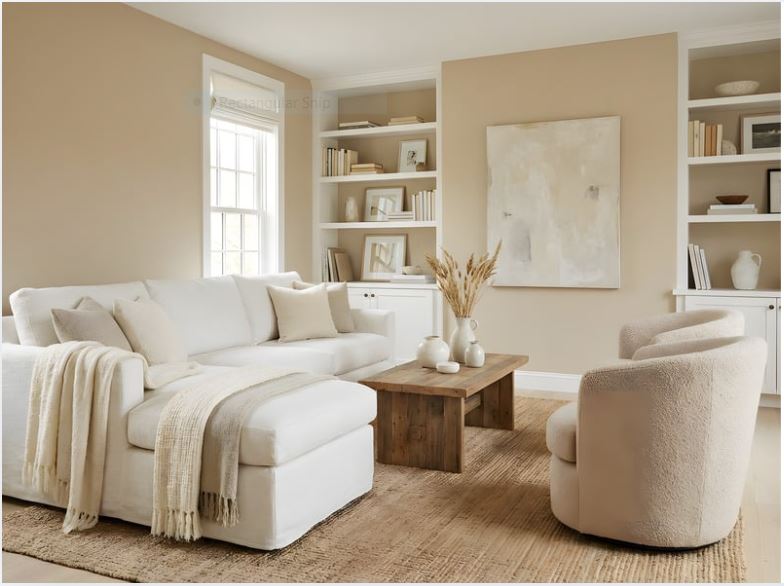 “Neutral-toned living room with a soft upholstered sectional sofa, textured cushions, built-in shelving, a wooden coffee table, and warm natural light.”