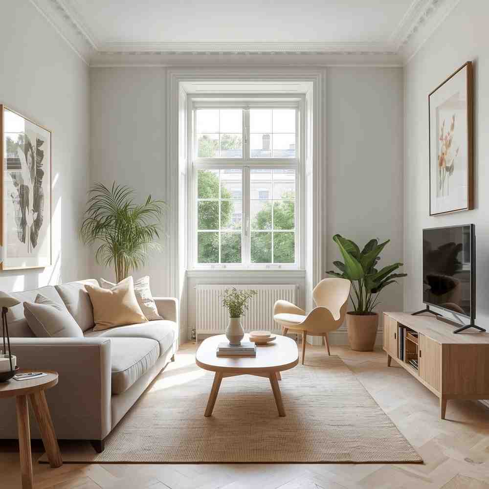 Living Room Design Kingston upon Thames | Oraanj Interiors Bright living room interior design in Kingston upon Thames with neutral sofa, indoor plants and minimalist décor by Oraanj Interiors