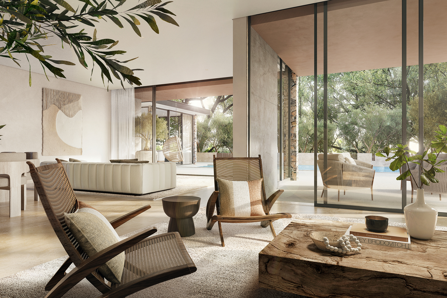 “Light-filled modern living room with floor-to-ceiling glass doors, natural wood furniture, woven lounge chairs, indoor plants, and a seamless connection to the outdoors.”