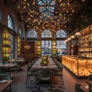Luxury restaurant lighting design with warm pendant lights and ambient illumination