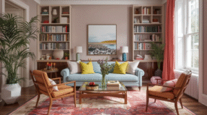 A cosy living room featuring a light blue sofa with colourful cushions, wooden armchairs, a central coffee table, built-in bookshelves, indoor plants, soft rugs, and natural light from a large window.