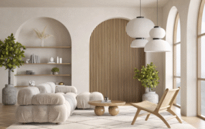 A serene, minimalist living room with arched wall niches, soft neutral upholstery, sculptural lounge chairs, a round wooden coffee table, pendant lights, indoor plants, and warm natural light.
