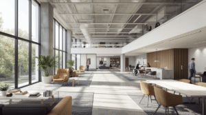 A two‑story modern office interior with large floor‑to‑ceiling windows, exposed concrete ceiling, glass mezzanine, beige lounge chairs, white tables, and people moving through the space.