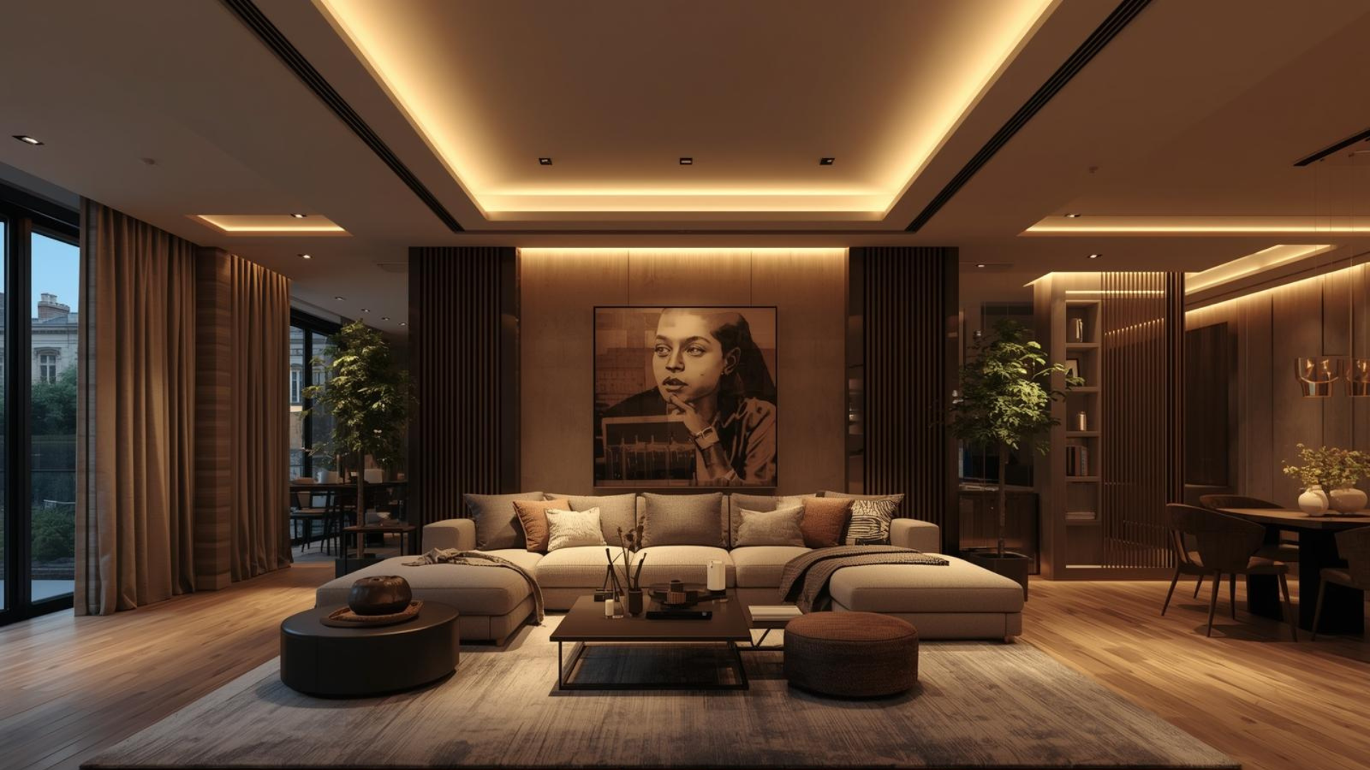 Luxurious modern living room with beige sectional sofa, wooden coffee tables, large portrait artwork, recessed ceiling lighting, floor‑to‑ceiling windows and indoor plants.