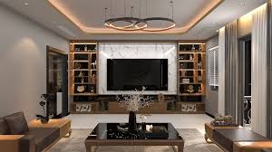 “Luxury living room with a bespoke TV wall unit, marble feature wall, integrated shelving with warm lighting, modern seating, and a sleek contemporary layout.”