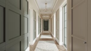 Bright classic hallway with paneled walls, herringbone wood flooring, ceiling lights, and natural light from tall windows.