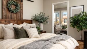 Cozy bedroom with a rustic wooden sliding‑door headboard, eucalyptus wreath, layered white and grey bedding, green pillows, and a potted green plant beside the bed, leading to an adjacent living area.