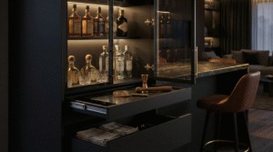 A modern dining setup with white chairs, a glass table on a marble base, an arched fluted panel with a fern, and an arc pendant light against a pink wall.