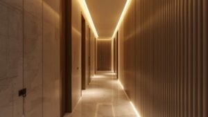 Narrow modern hallway with vertical wood paneling and warm LED strip lighting along ceiling and floor.